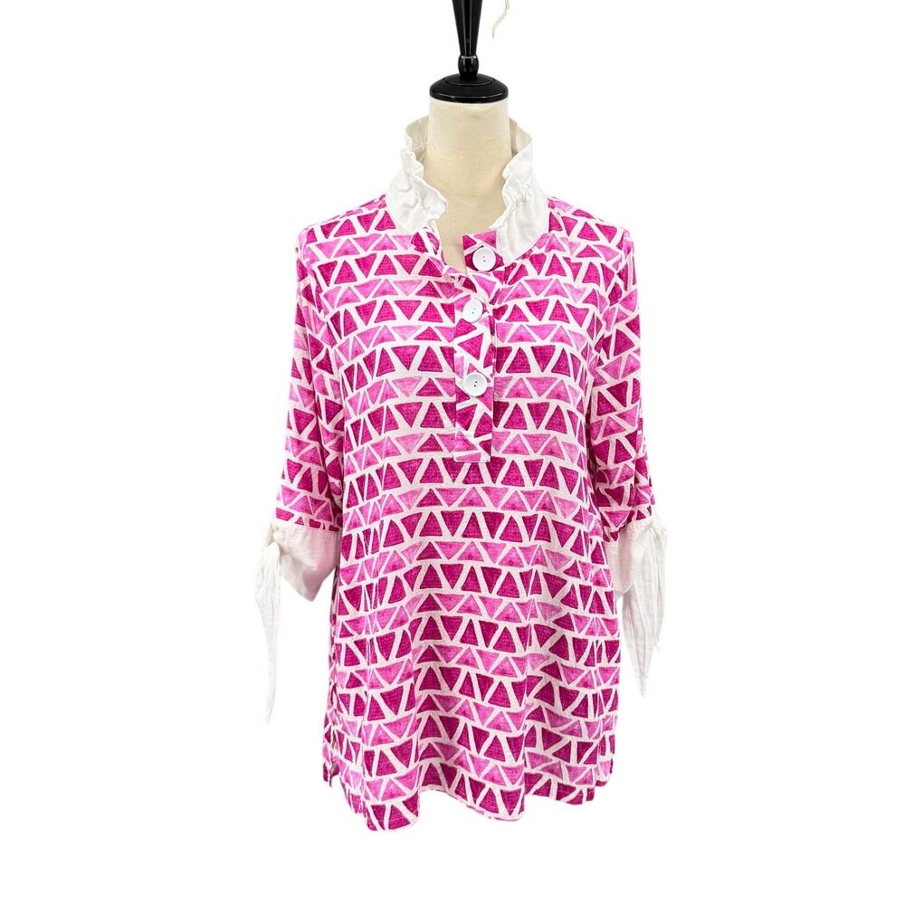 Terra Hot Pink Bold Artsy Geometric Print Wired Collar Tunic Top with Pockets